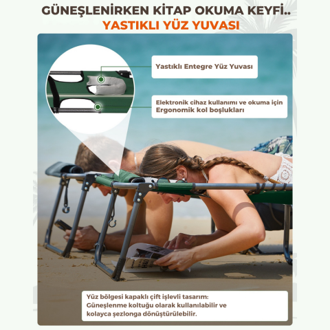 KingCamp Magnolia B10 Plus Hands-Free Premium 7 Kademeli Katlanır Şezlong Green/White