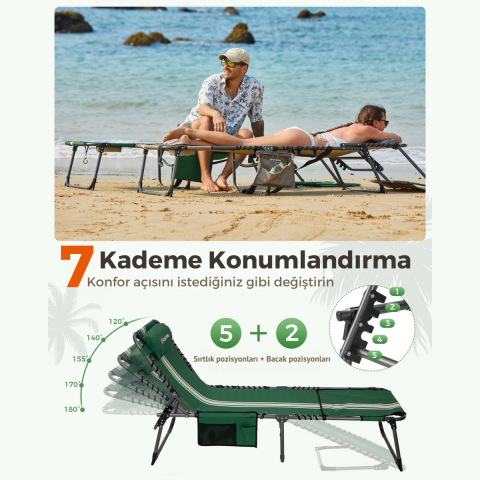 KingCamp Magnolia B10 Plus Hands-Free Premium 7 Kademeli Katlanır Şezlong Green/White