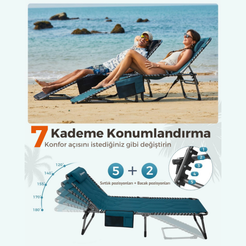 KingCamp Magnolia B20 Premium 7 Kademeli Katlanır Dolgulu Şezlong Blue