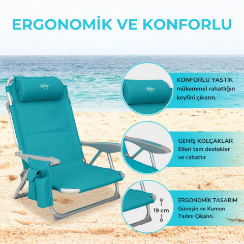 Wejoy Luna Beach 4 Kademeli Katlanır Plaj Sandalyesi Cyan