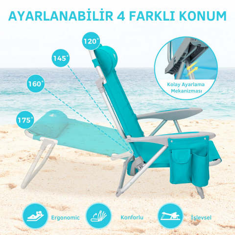 Wejoy Luna Beach 4 Kademeli Katlanır Plaj Sandalyesi Cyan