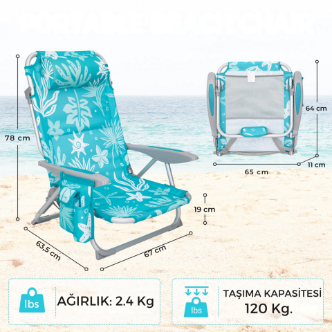 Wejoy Luna Beach 4 Kademeli Katlanır Plaj Sandalyesi Cyan/White