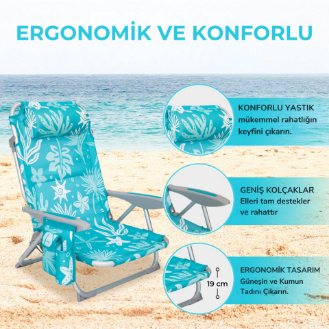 Wejoy Luna Beach 4 Kademeli Katlanır Plaj Sandalyesi Cyan/White