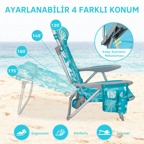 Wejoy Luna Beach 4 Kademeli Katlanır Plaj Sandalyesi Cyan/White