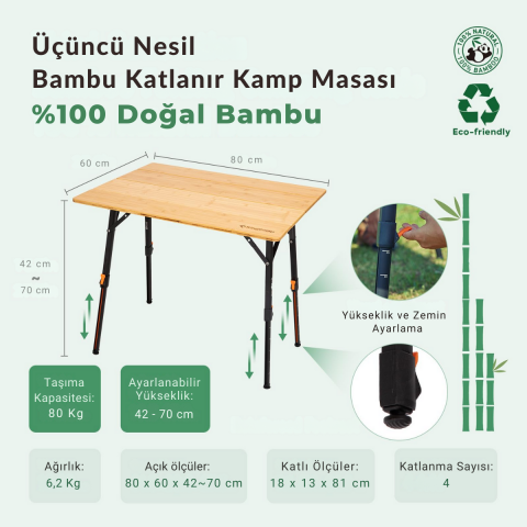 KingCamp Bamboo All-Terrain M 80x60 Bambu Kamp Masası