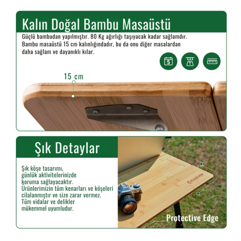 KingCamp Bamboo All-Terrain M 80x60 Bambu Kamp Masası