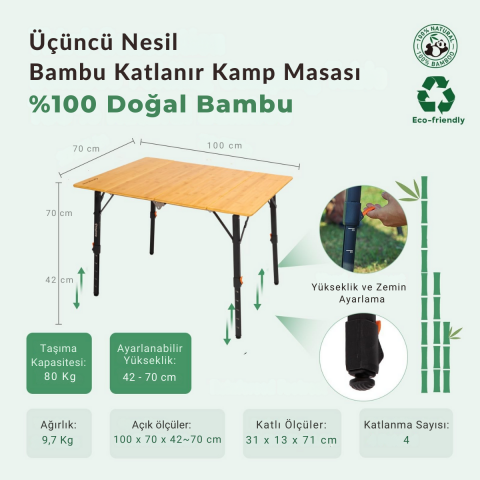 KingCamp Bamboo All-Terrain L 100x70 Bambu Kamp Masası
