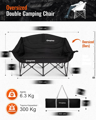 KingCamp Loveseat Plus XXL Çift Kişilik Katlanır Kamp Sandalyesi Black