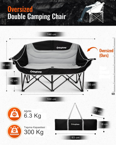 KingCamp Loveseat Plus XXL Çift Kişilik Katlanır Kamp Sandalyesi B.Grey