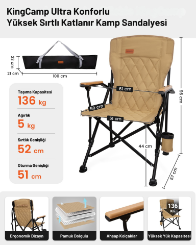 KingCamp Polar Comfort Plus Ultra Konforlu Katlanır Kamp Sandalyesi Khaki