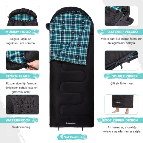 KingCamp Cloud 400 Ultra -15°C Geniş Uyku Tulumu Black Sol F.