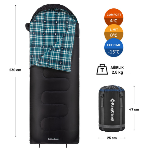 KingCamp Cloud 400 Ultra -15°C Geniş Uyku Tulumu Black Sol F.