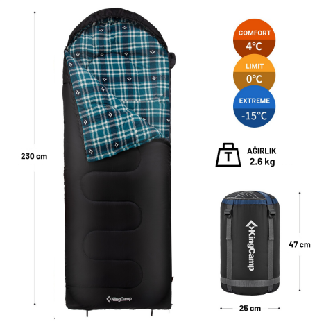 KingCamp Cloud 400 Ultra -15°C Geniş Uyku Tulumu Black Sağ F.