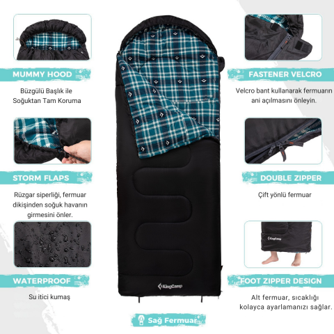 KingCamp Cloud 400 Ultra -15°C Geniş Uyku Tulumu Black Sağ F.