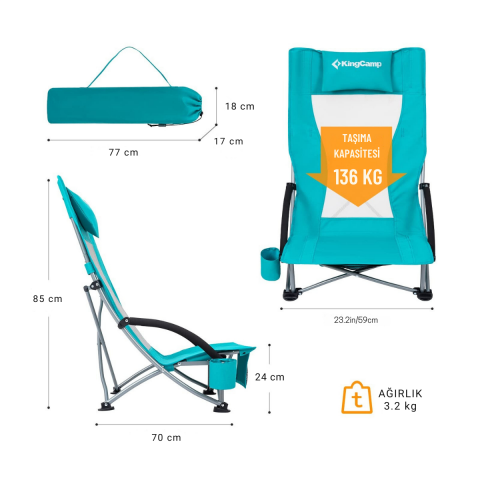 KingCamp Lilac High Comfort Plaj ve Dinlenme Sandalyesi 2'li Set Cyan