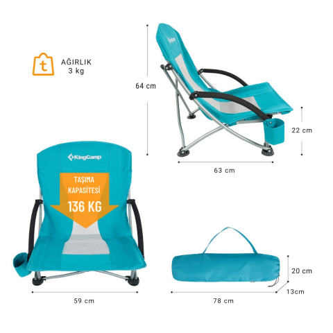 KingCamp Lilac Beach Chair Plaj ve Dinlenme Sandalyesi 2'li Set Cyan