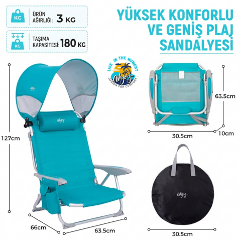 Wejoy Wavora B10 Plus | UPF50+ Gölgelikli 4 Kademeli Katlanır Plaj Sandalyesi Cyan