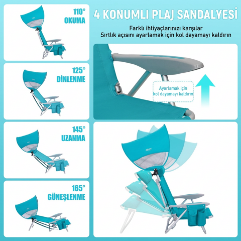 Wejoy Wavora B10 Plus | UPF50+ Gölgelikli 4 Kademeli Katlanır Plaj Sandalyesi Cyan