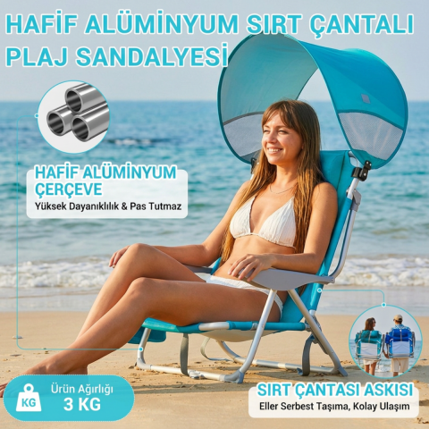 Wejoy Wavora B10 Plus | UPF50+ Gölgelikli 4 Kademeli Katlanır Plaj Sandalyesi Cyan