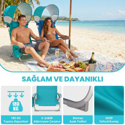 Wejoy Wavora B10 Plus | UPF50+ Gölgelikli 4 Kademeli Katlanır Plaj Sandalyesi Cyan