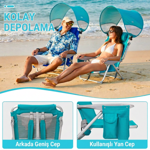 Wejoy Wavora B10 Plus | UPF50+ Gölgelikli 4 Kademeli Katlanır Plaj Sandalyesi Cyan