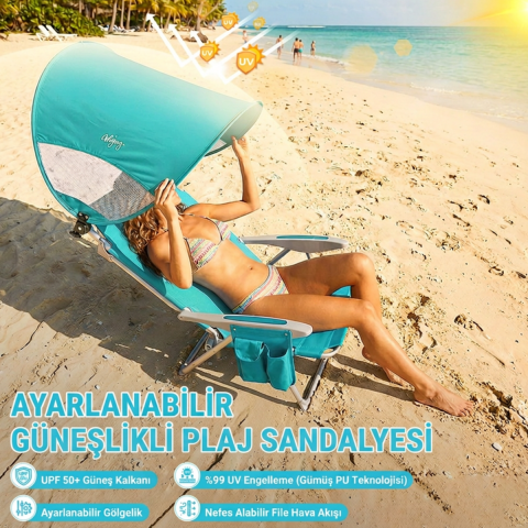Wejoy Wavora B10 Plus | UPF50+ Gölgelikli 4 Kademeli Katlanır Plaj Sandalyesi Cyan