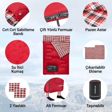 KingCamp Snowflake 300-D Ultra Çift Kişilik Uyku Tulumu Red