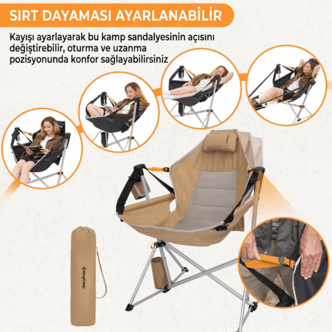 KingCamp Orchid Lux Ayak Dayamalı & Salıncaklı Hamak Kamp Sandalyesi Khaki/Grey