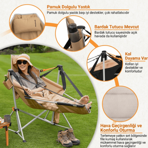 KingCamp Orchid Lux Ayak Dayamalı & Salıncaklı Hamak Kamp Sandalyesi Khaki/Grey
