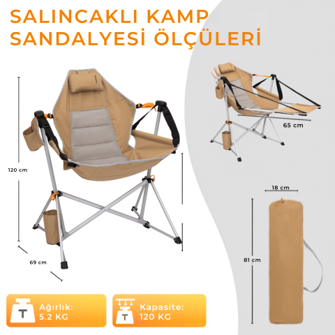 KingCamp Orchid Lux Ayak Dayamalı & Salıncaklı Hamak Kamp Sandalyesi Khaki/Grey