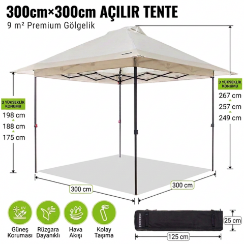 Fundango SunHaven 300 Premium | 3x3 m Otomatik Gazebo & Gölgelik Khaki