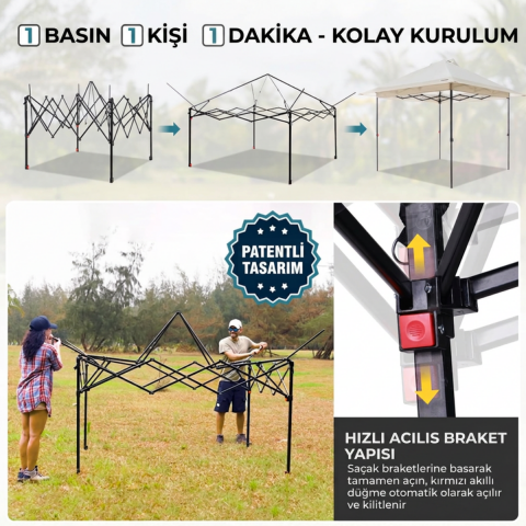 Fundango SunHaven 300 Premium | 3x3 m Otomatik Gazebo & Gölgelik Khaki