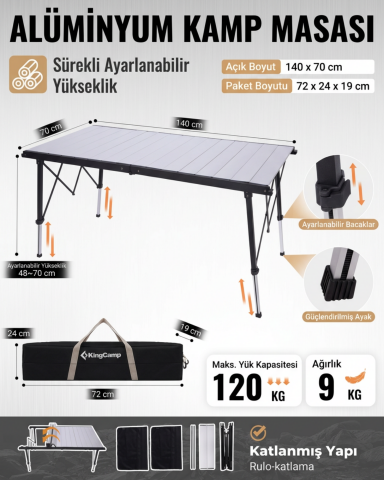 KingCamp GRANITE C14070 | 140x70 cm Geniş Katlanır Lux Kamp Masası
