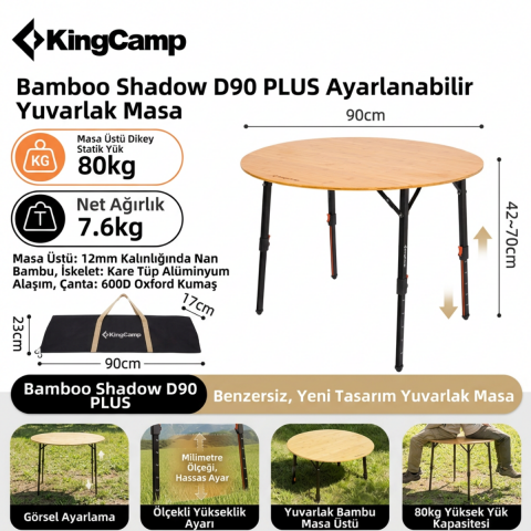 KingCamp BamAura 4Fold D90 PLUS | 90 cm Yuvarlak Bambu Katlanır Kamp Masası