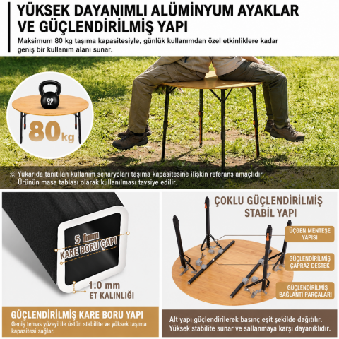 KingCamp BamAura 4Fold D90 PLUS | 90 cm Yuvarlak Bambu Katlanır Kamp Masası