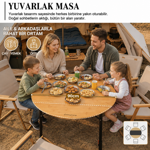 KingCamp BamAura 4Fold D90 PLUS | 90 cm Yuvarlak Bambu Katlanır Kamp Masası