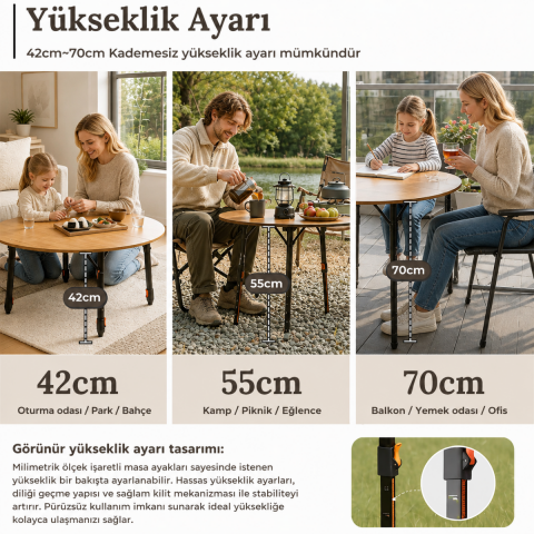 KingCamp BamAura 4Fold D90 PLUS | 90 cm Yuvarlak Bambu Katlanır Kamp Masası