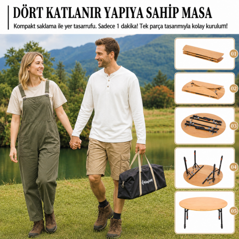KingCamp BamAura 4Fold D90 PLUS | 90 cm Yuvarlak Bambu Katlanır Kamp Masası