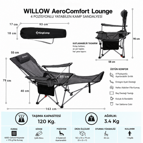 KingCamp WILLOW AeroComfort Lounge 4 Pozisyonlu Yatabilen Kamp Sandalyesi
