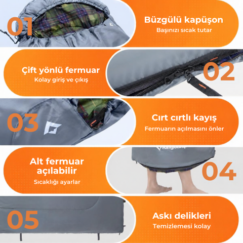 KingCamp SEVAN 250 Konforlu Uyku Tulumu Grey Sol F.