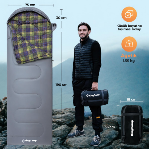 KingCamp SEVAN 250 Konforlu Uyku Tulumu Grey Sol F.