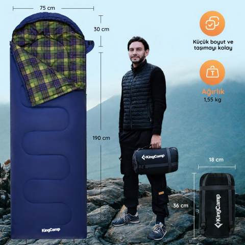 KingCamp SEVAN 250 Konforlu Uyku Tulumu Navy Sol F.