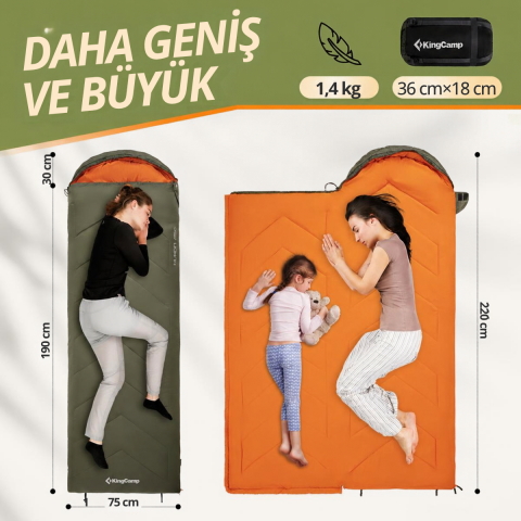 KingCamp Huran 250 Konforlu Uyku Tulumu Green Sol F.