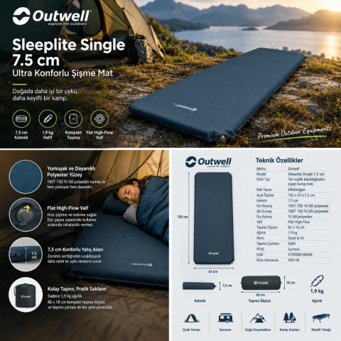 Outwell Sleeplite Single 7.5 cm Ultra Konforlu Şişme Mat Grey